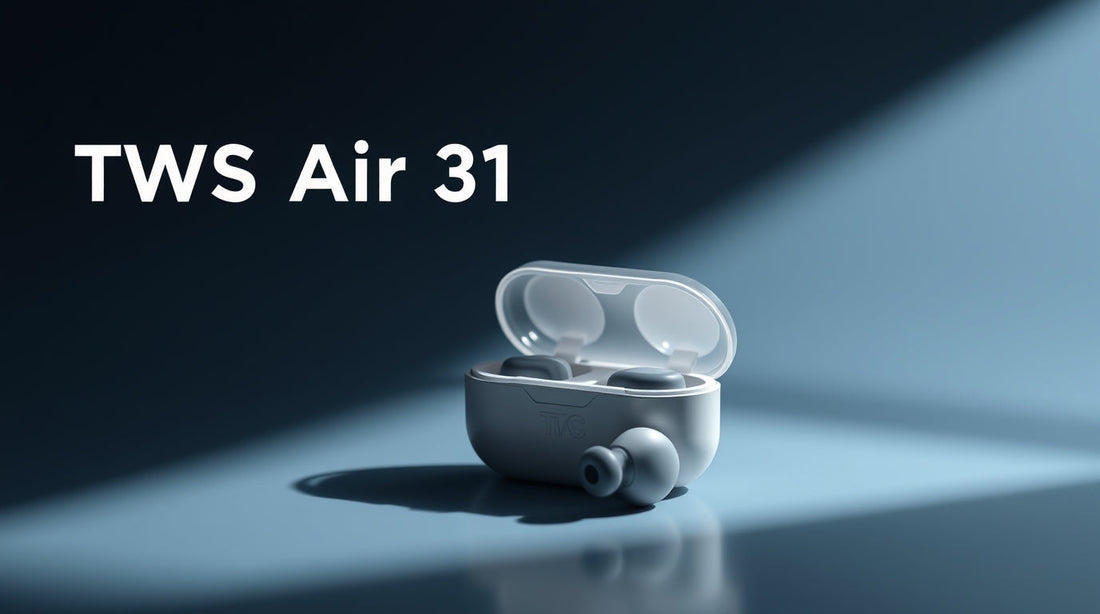 TWS Air 31 wireless earbuds in charging case with soft lighting effect.