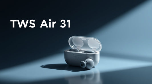 TWS Air 31 wireless earbuds in charging case with soft lighting effect.