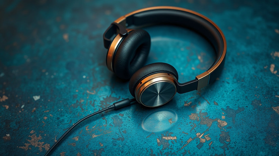 Stylish over-ear headphones with a sleek design on a textured blue background.