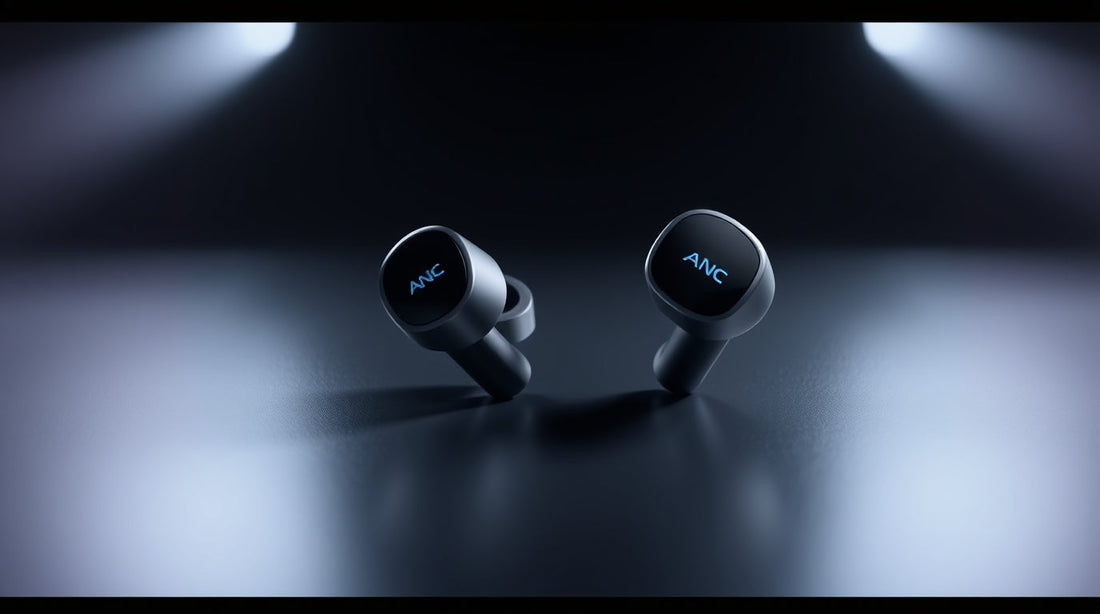 Stylish ANC Touch Airbuds on a dark surface, showcasing advanced audio technology and modern design.