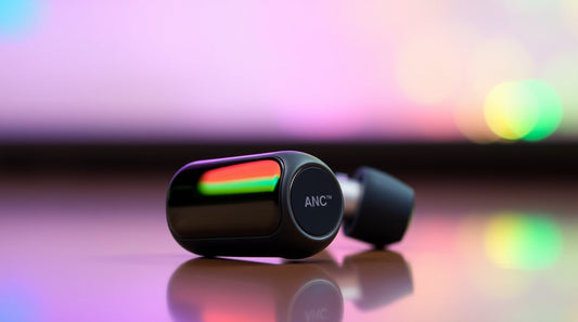 Close-up of an ANC earbud featuring a colorful light display on a reflective surface.