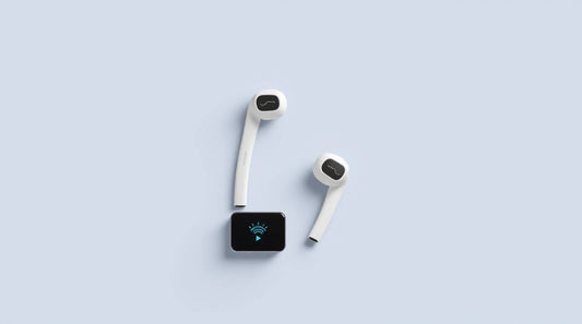 ANC Touch Screen Noise Cancellation Earbuds with charging case on light background.